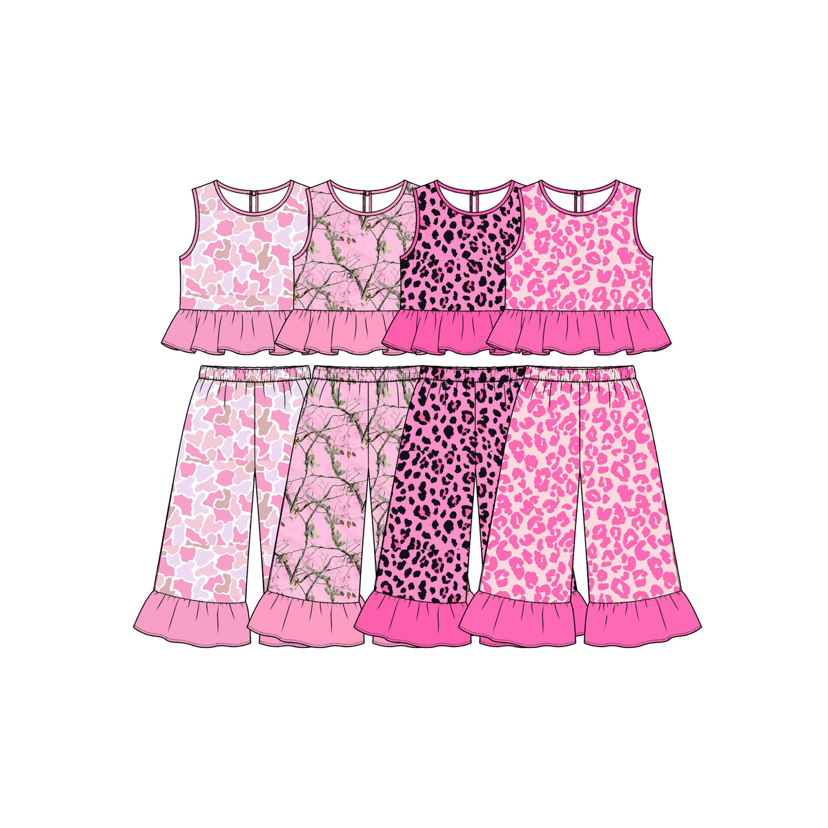 Preorder (moq 5) GSPO2421 Baby Girl Clothes Pink Ditsy Floral Print Sleeveless Ruffle Flare Pant Set