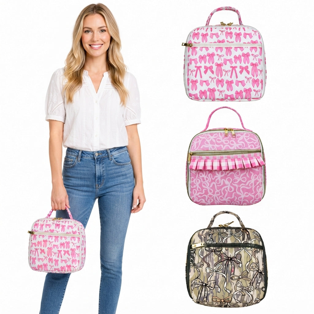 NO MOQ RTS BA0284 Kids Bag Pink Bow Allover Print Portable Insulated Lunch Bag 202610