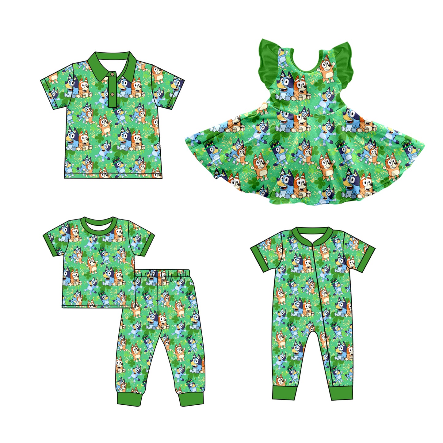 GSD1464 preorder ST. Patrick’s day bluey dog boy short sleeves dress sibling 202410