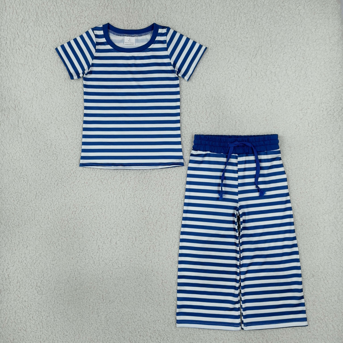 NO MOQ RTS GSPO2385 Baby Girl Clothes Blue White Stripe Classic Print Short Sleeve Top And Wide Leg Pant Set 202610