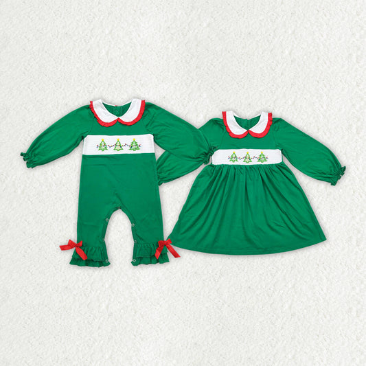 LR1119 smocked Christmas green tree girl romper 202408 sibling RTS