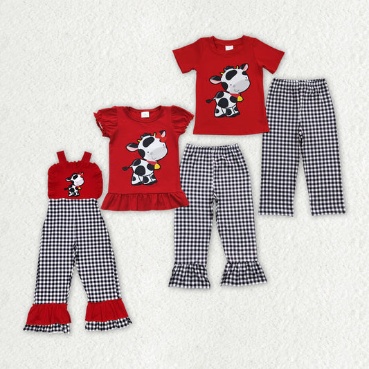 promotion BSPO0057 embroidery cow plaid short sleeve boy pajamas outfit 20230107 RTS sibling