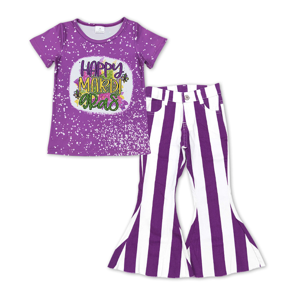 GSPO1123 western Happy Mardi Gras purple stripe jeans short sleeve denim jeans girl outfit 20231121 RTS