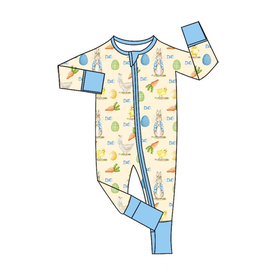 Preorder (moq 5) Baby Boy Clothes Easter Bunny Chick Egg Allover Print Long Sleeve Zip Romper Jumpsuit