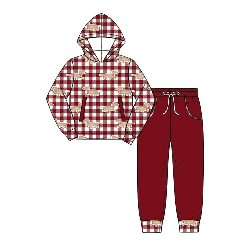 Preorder (moq 5) Baby Boy Clothes Dachshund Red Plaid Print Long Sleeve Hooded Top Solid Pant Outfit Set