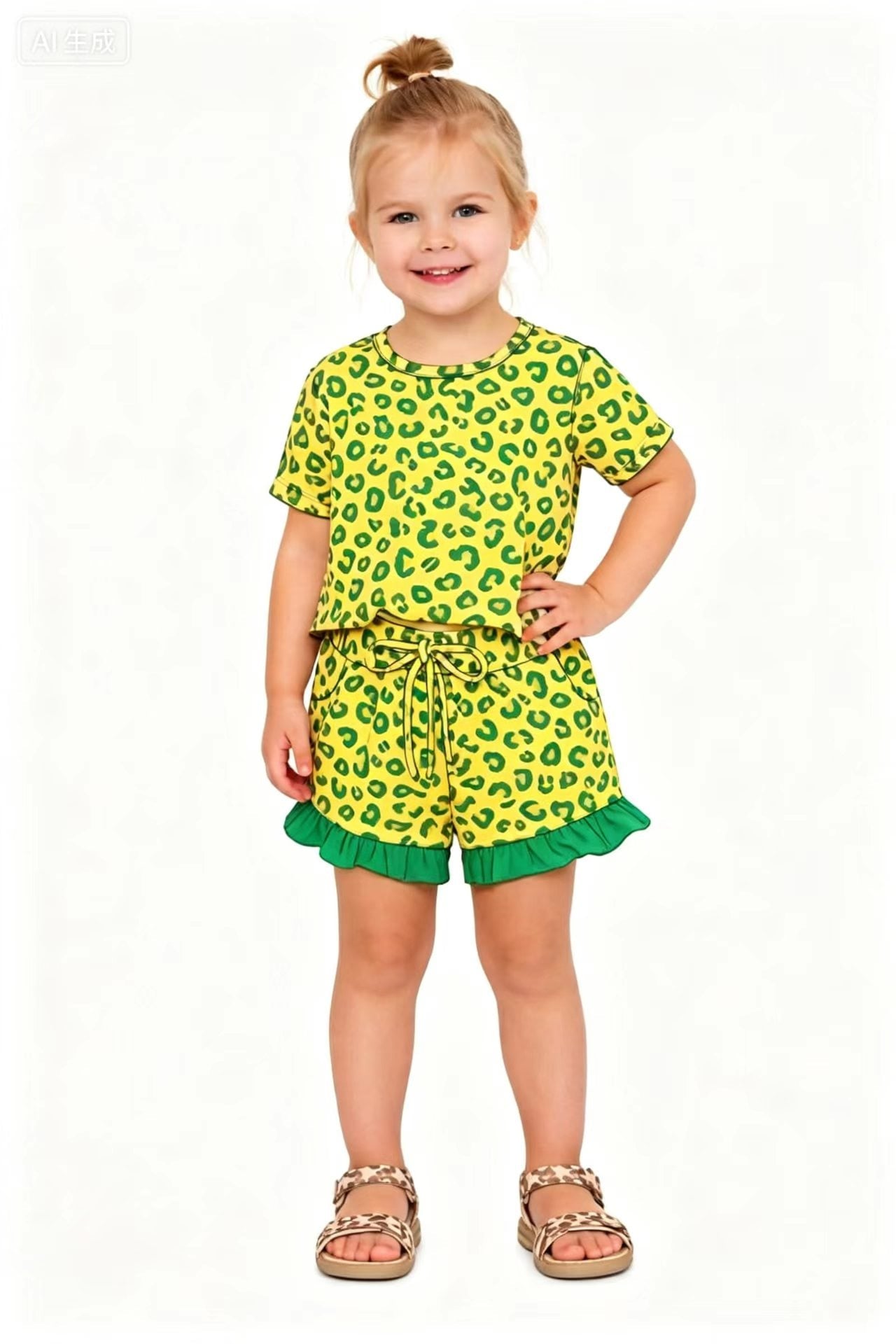 GSSO3812 Green Yellow Leopard Set ruffle GIRL summer outfit shorts 202608 RTS