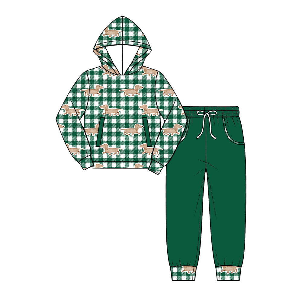 Preorder (moq 5) Baby Boy Clothes Dachshund Green Plaid Print Long Sleeve Hooded Top Solid Pant Outfit Set
