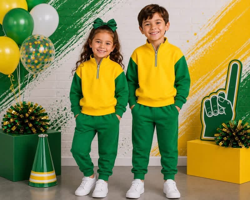 Custom MOQ5 green yellow COTTON Colorblock Sets Boy Girl outfit zipper