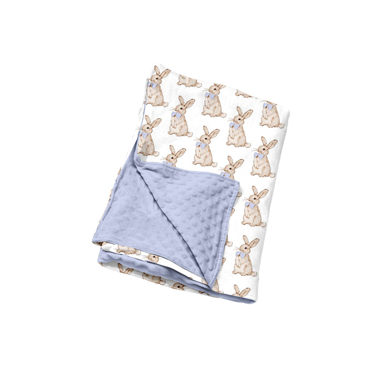 Preorder (moq 5) Baby Girl Blanket Blue Bow Bunny Allover Print Minky Dot Double Layer Baby Swaddle Blanket