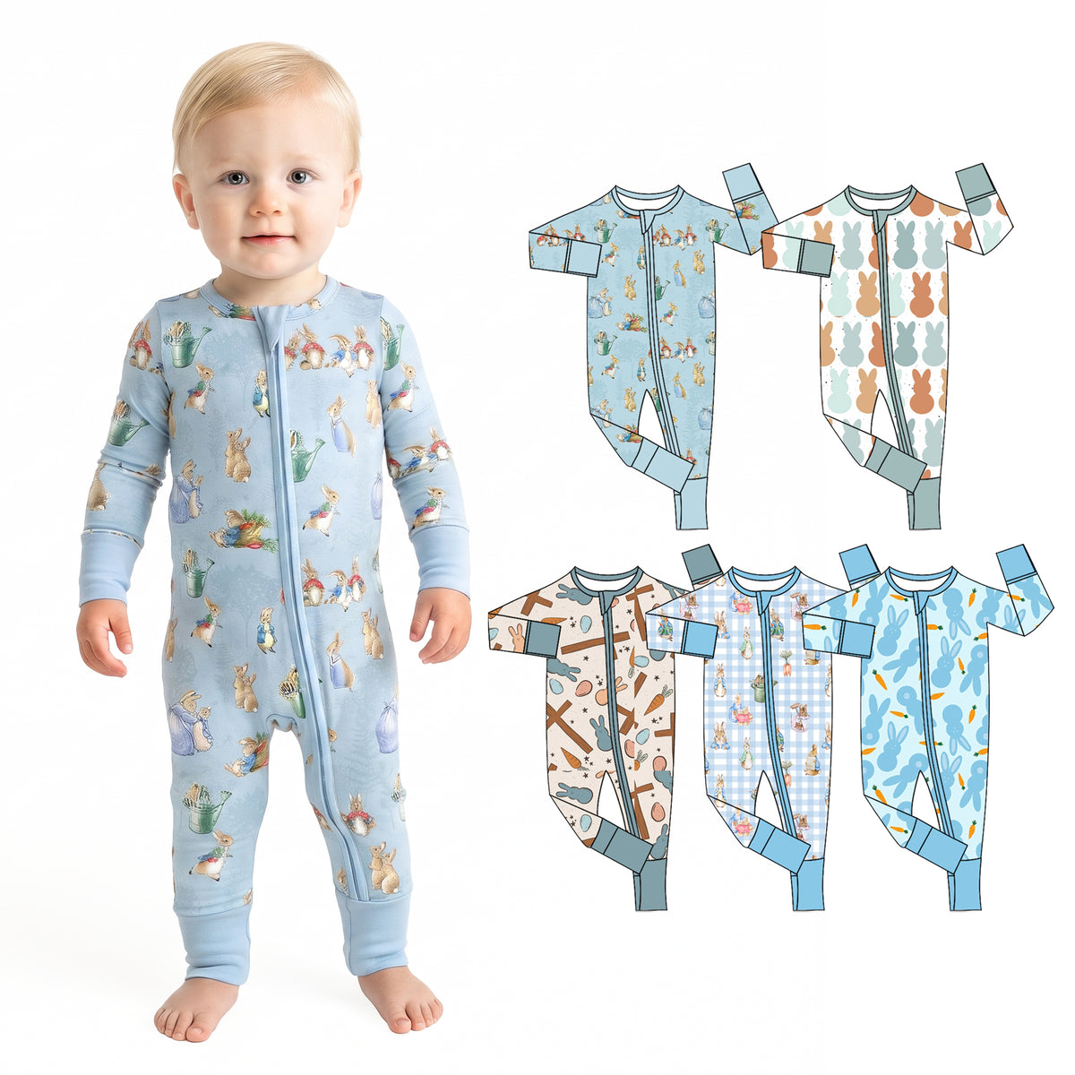 Preorder (moq 5) Baby Boy Clothes Easter Blue Gingham Rabbit Print Long Sleeve Zipper Romper