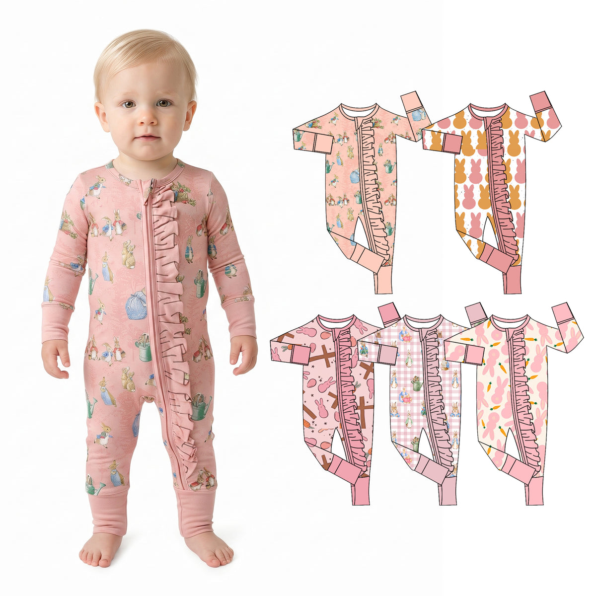 Preorder (moq 5) Baby Girl Clothes Easter Light Pink Bunny Carrot Silhouette Print Long Sleeve Ruffle Zipper Romper