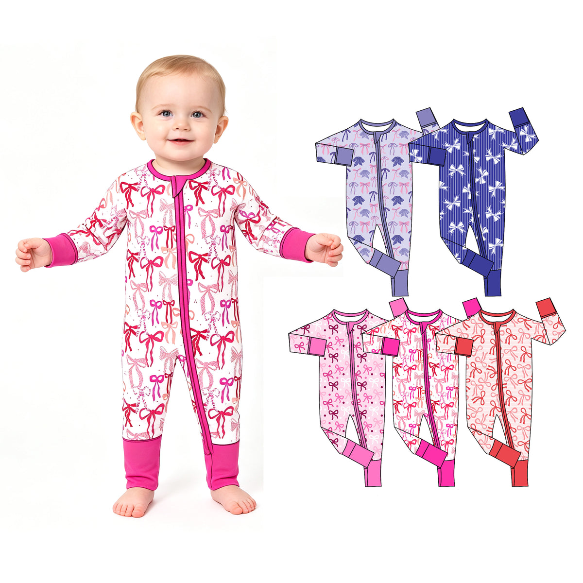 Preorder (moq 5) Baby Girl Clothes Purple Pink Leopard Bow Print Long Sleeve Zipper Jumpsuit
