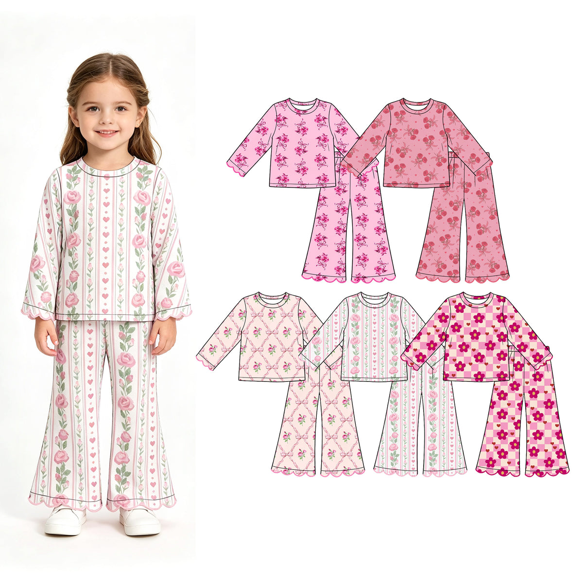 Preorder (moq 5) Baby Girl Clothes Valentine Pink Floral Bow Allover Print Long Sleeve Scallop Flare Pant Set