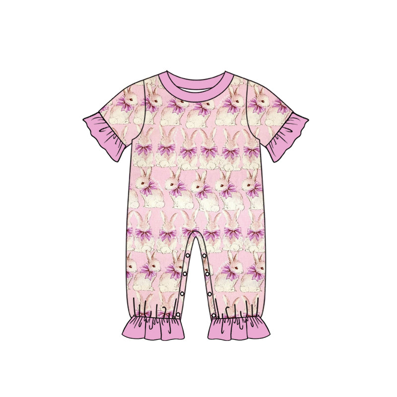 Preorder (moq 5) Baby Girl Clothes Vintage Pink Bunny Bow Allover Print Short Sleeve Ruffle Cuff Romper Jumpsuit