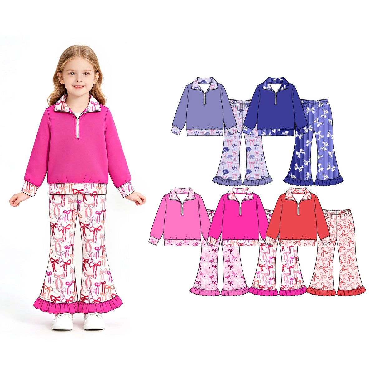 Preorder (moq 5) Baby Girl Clothes Blue Striped White Bow Print Long Sleeve Half Zip Top Ruffle Flare Pant Set