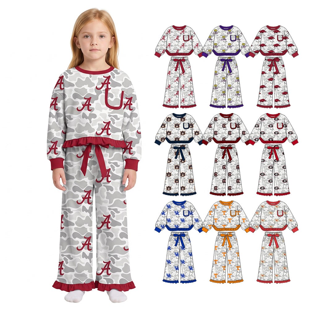 Preorder (moq 5) Alabama Baby Girl Clothes Grey Camo Logo Mixed Print Long Sleeve Ruffle Top Wide Leg Ruffle Pants Outfit Set