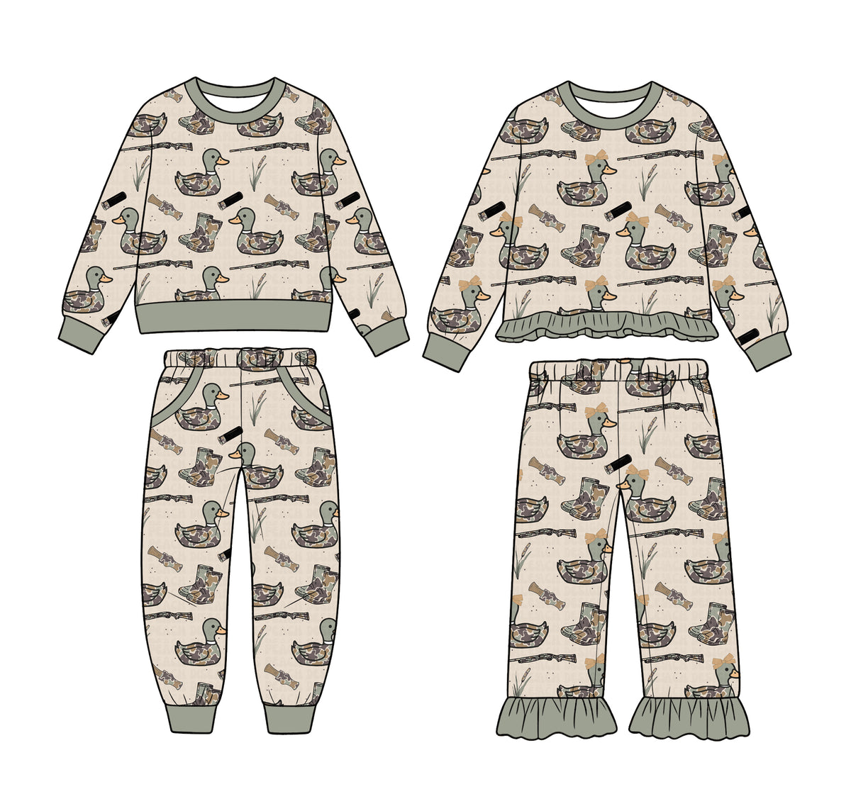 Preorder (moq 5) BLP1653 Baby Boy Clothes Duck Hunting Gear Print Long Sleeve Jogger Outfit Set
