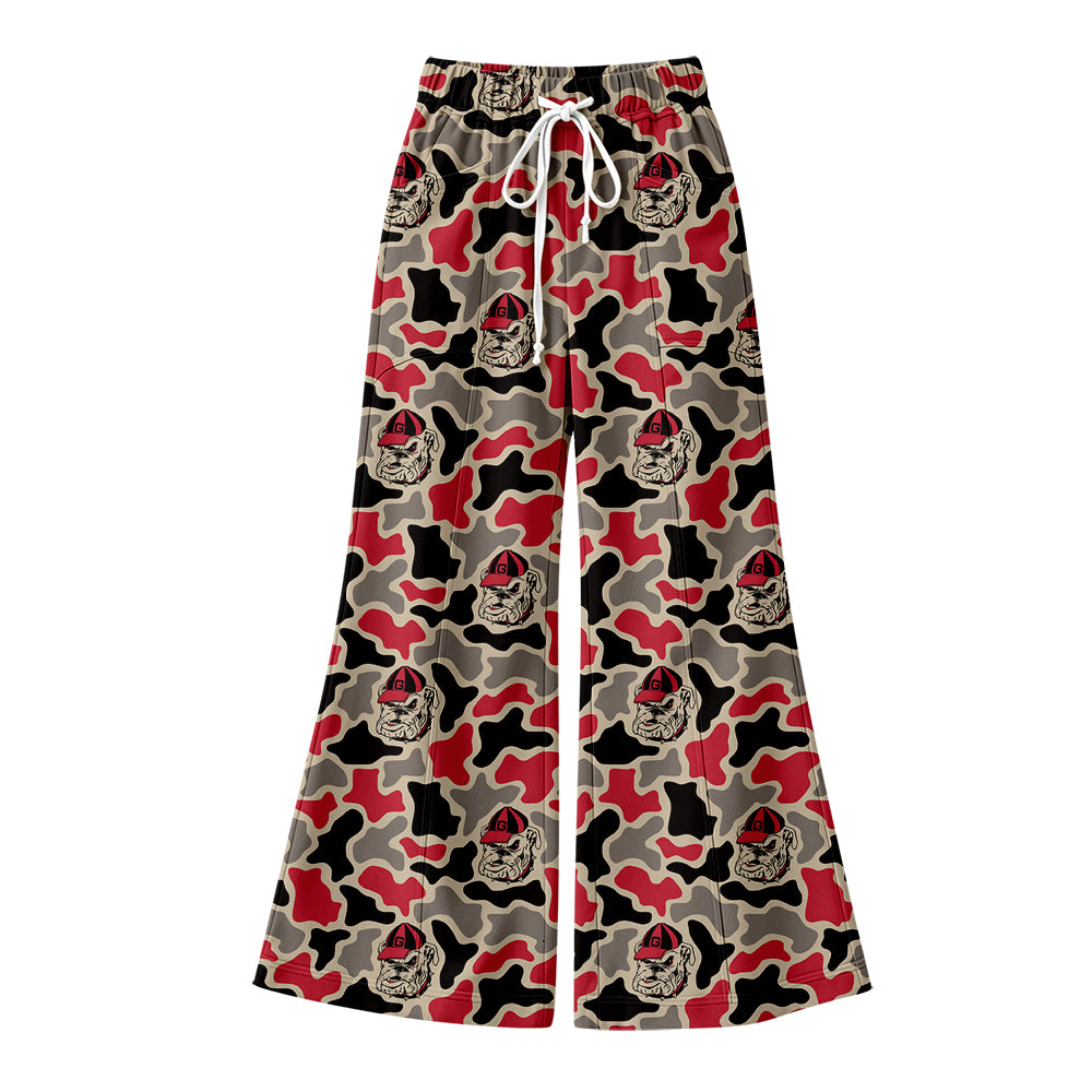 Preorder (moq 5) Women Clothes Georgia Bulldogs Red Grey Camo Bulldog Mascot Geometric Print High Waist Drawstring Flare Pants