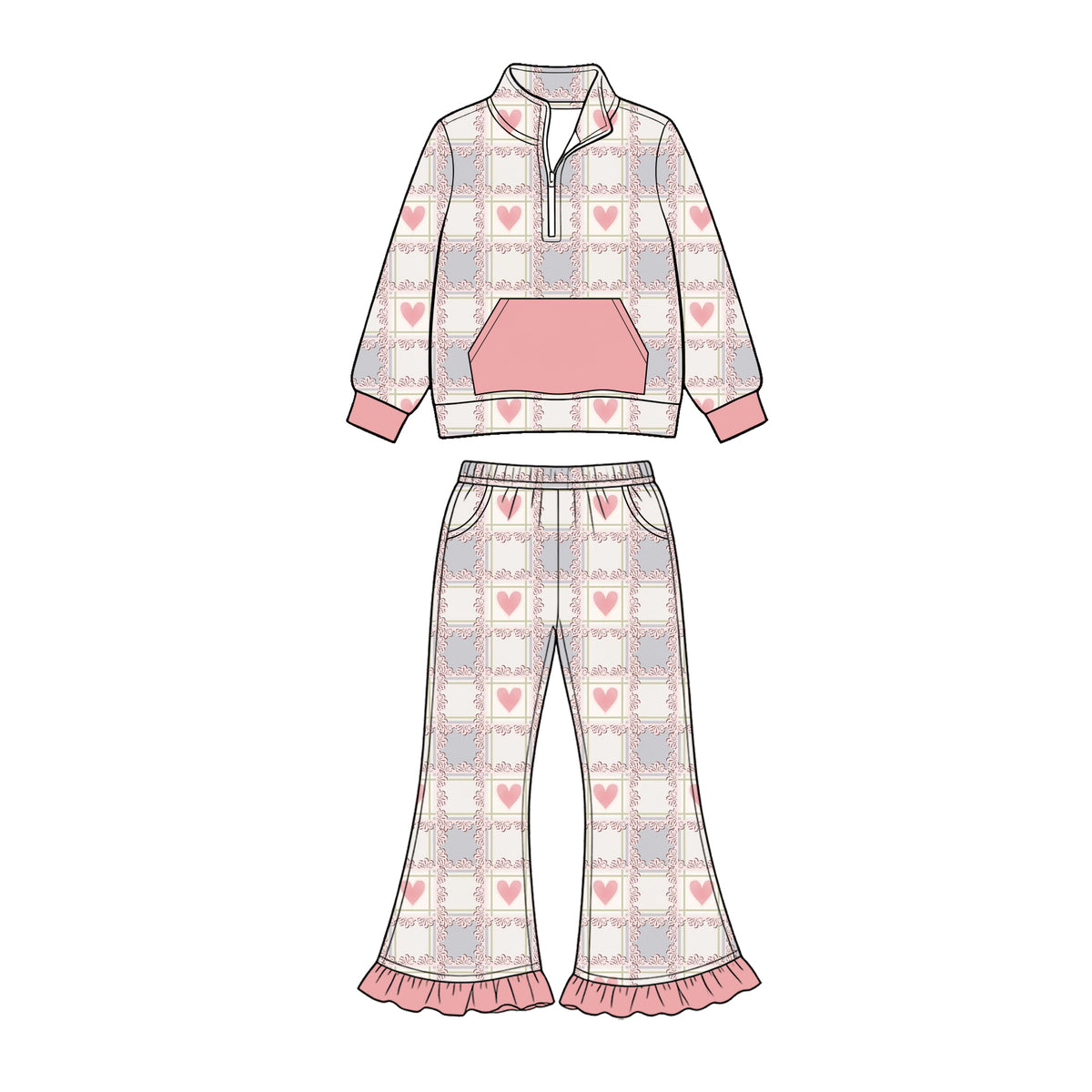 Preorder (moq 5) Baby Girl Clothes Plaid Heart Frame Allover Print Long Sleeve Half Zip Flare Pant Set
