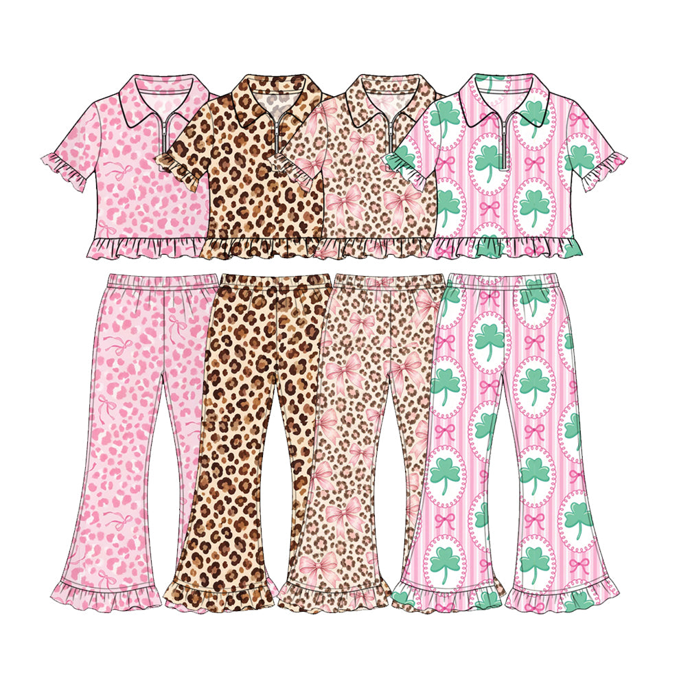 Preorder (moq 5) GSPO2425 Baby Girl Clothes St Patrick's Day Green Clover Pink Print Short Sleeve Polo Ruffle Flare Pant Set