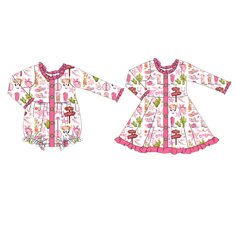 LR1958 preorder western flower cow boots girl romper jumpsuit overall 202409 romper