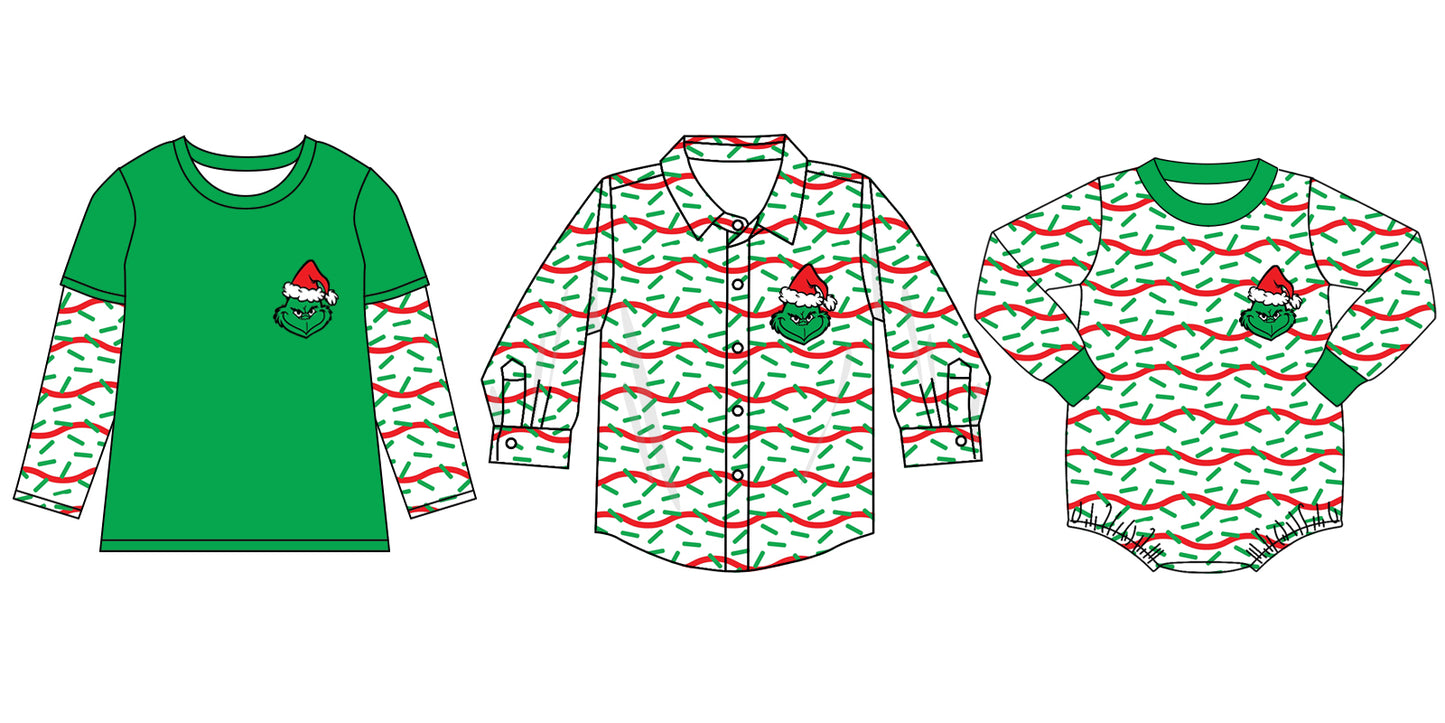 LR1200 Checkerboard Christmas grinch girl boy romper 202406 preorder sibling