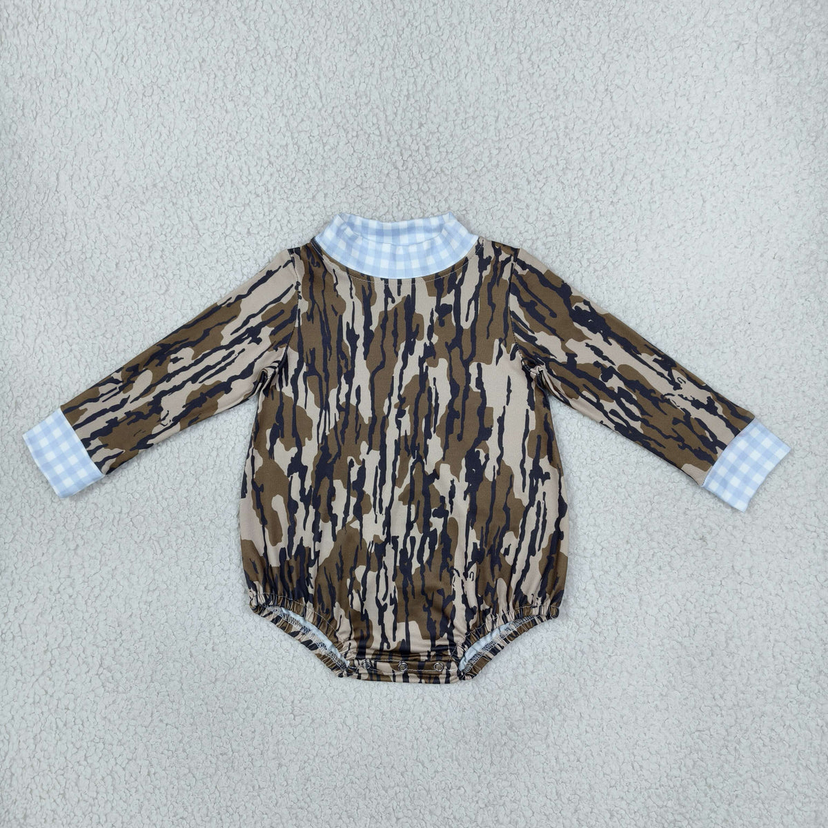 NO MOQ RTS LR3279 Baby Boy Clothes Tree Bark Camo Print Long Sleeve Blue Gingham Mock Neck Bubble Romper 202610