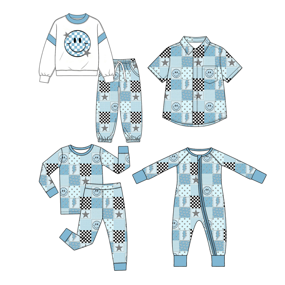 Preorder (moq 5) Baby Clothes Patchwork Smiley Star Lightning Checker Long Sleeve Zipper Romper
