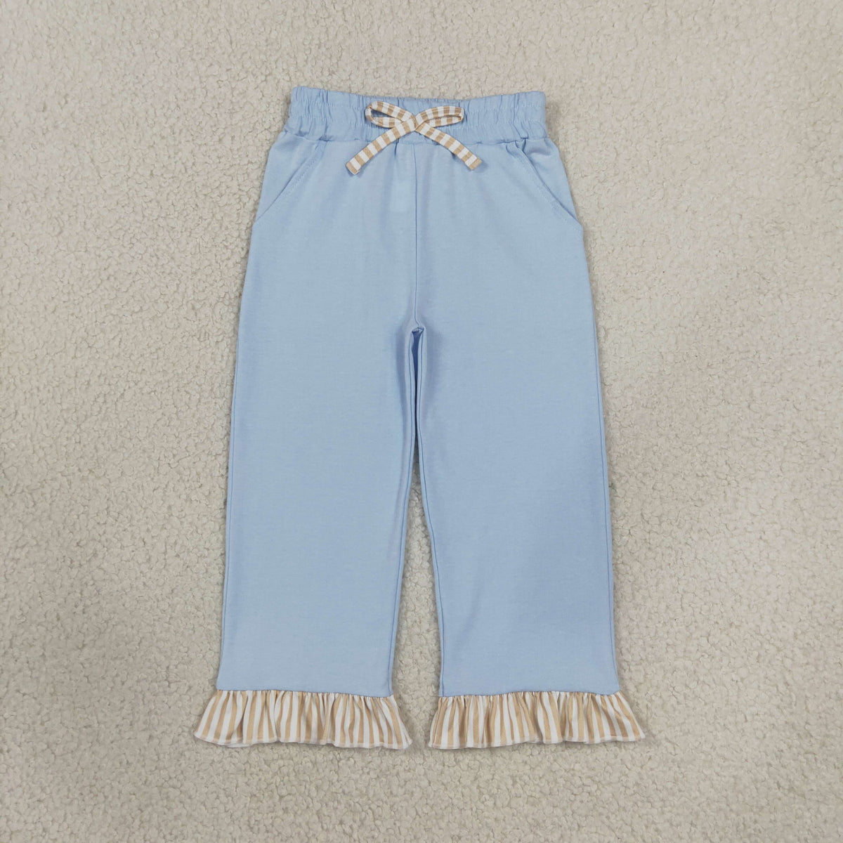 NO MOQ RTS P1152 Kids Girl Clothes Solid Light Blue Stripe Ruffle Hem Wide Leg Pants 202610