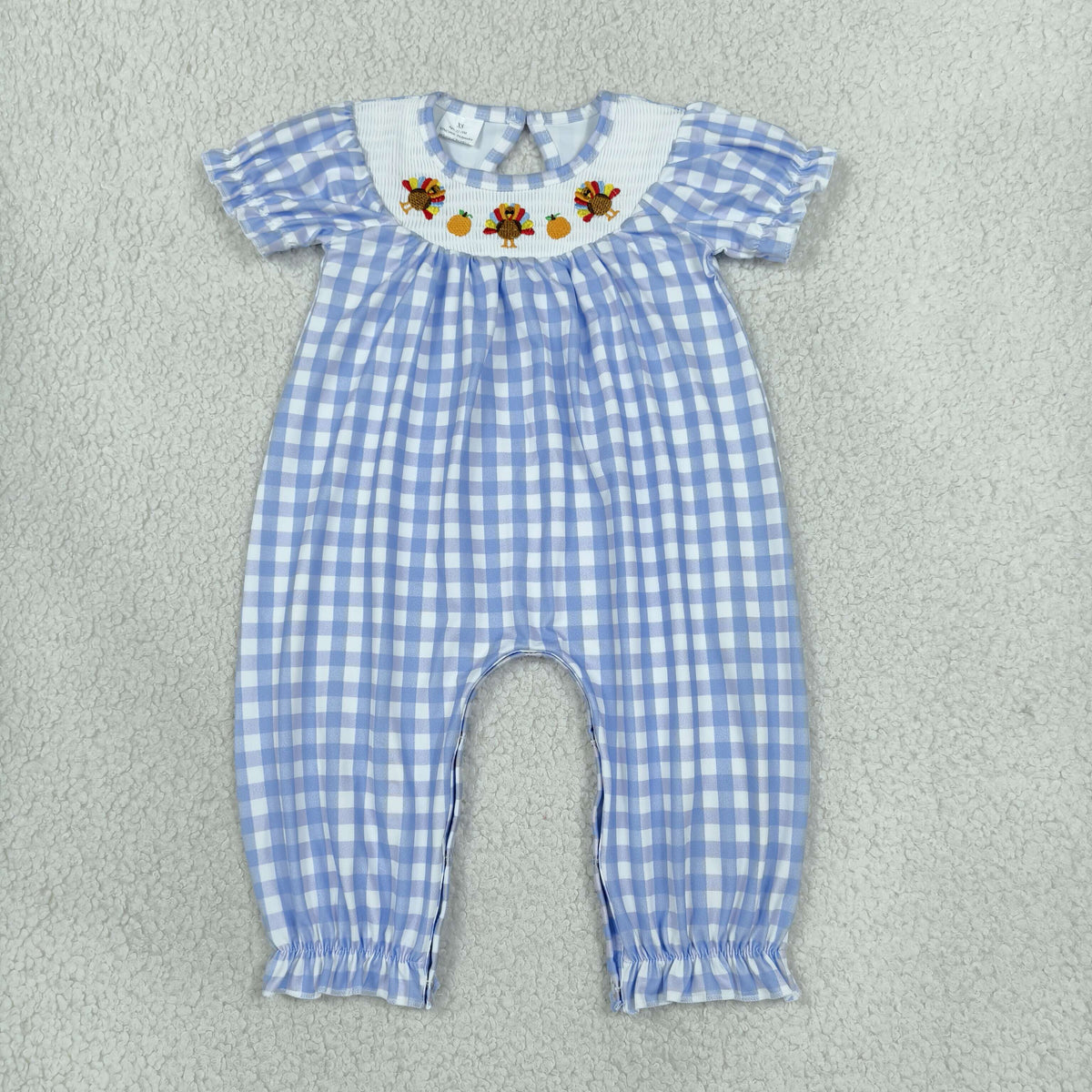NO MOQ RTS SR4276-smocked Baby Girl Clothes Blue Gingham Print Short Sleeve Turkey Embroidery Bubble Jumpsuit Romper 202610