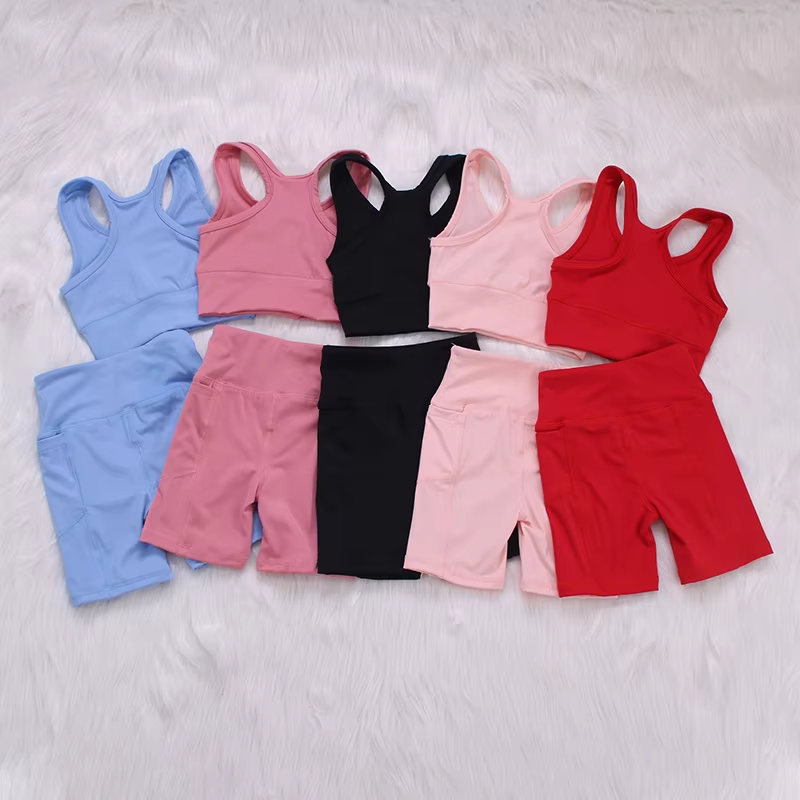 GSSO1515 athletic dress solid yoga blue color cotton sibling girl shorts outfit 202504 RTS
