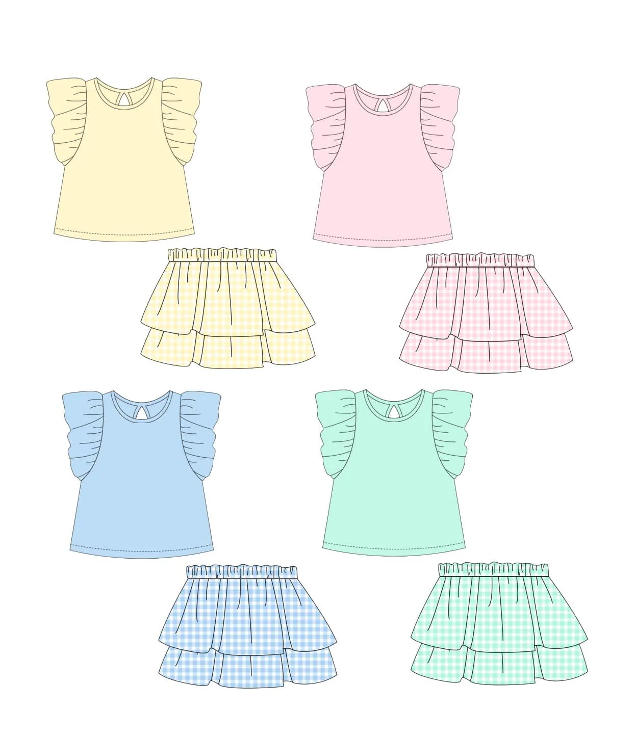 GSD2000 green skirts ruffle short sleeve shorts girl outfit 202502 preorder