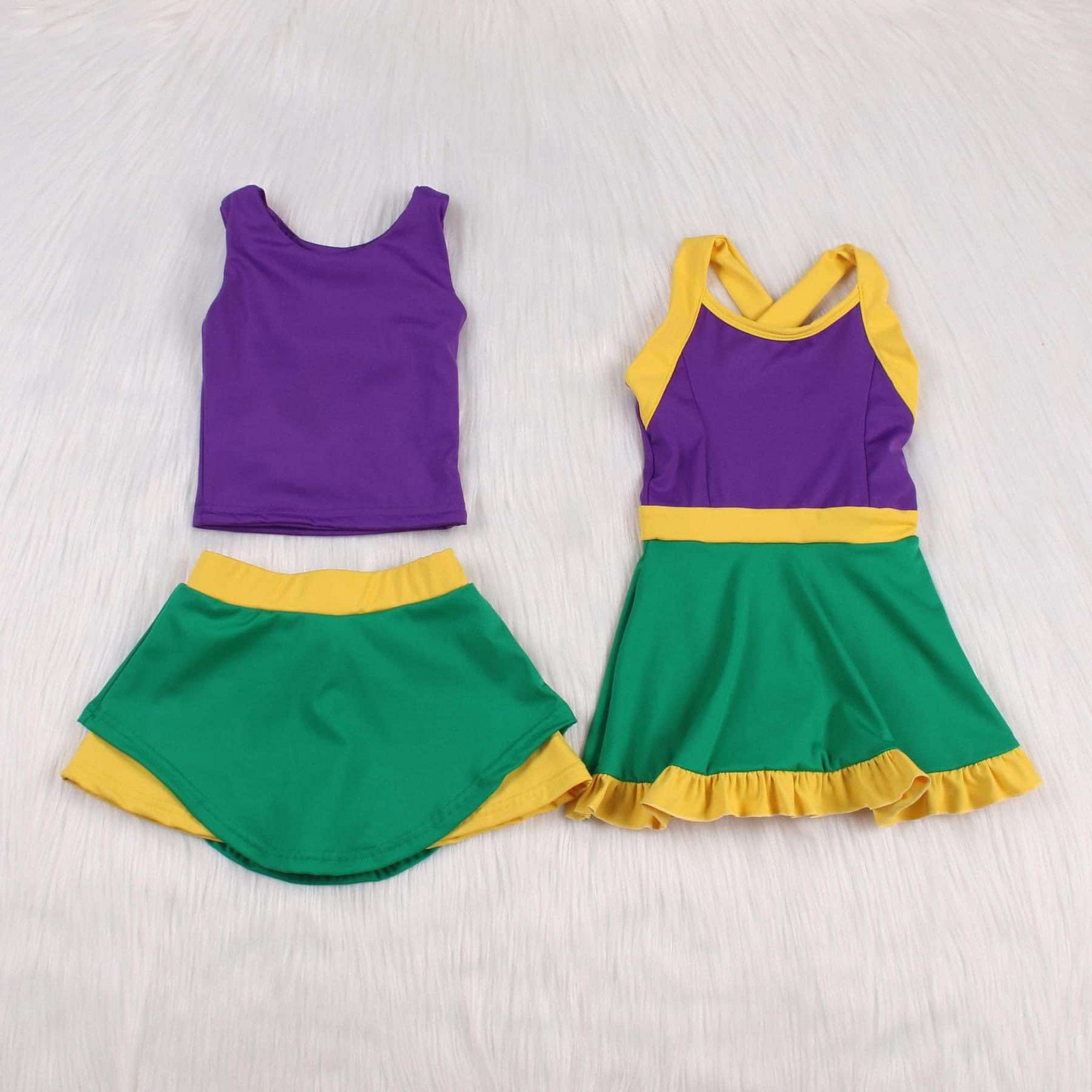 GSD1432 RTS Mardi Gras colored athletic skirt setsMardi Gras short sleeves girl skirt OUTFIT 202411