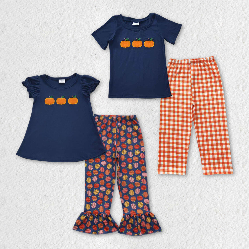 GSPO0762 RTS Halloween cartoon embroidery pumpkin short sleeve children blue girl outfit 20230814