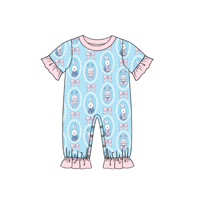 Preorder (moq 5) Baby Girl Clothes Blue Easter Bunny Egg Frame Allover Print Short Sleeve Ruffle Romper Jumpsuit