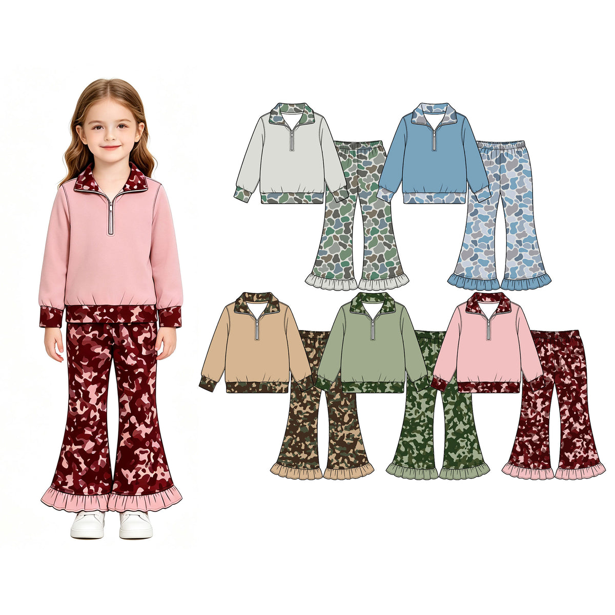 Preorder (moq 5) Baby Girl Clothes Blue Duck Camo Print Long Sleeve Half Zip Top Ruffle Flare Pant Set