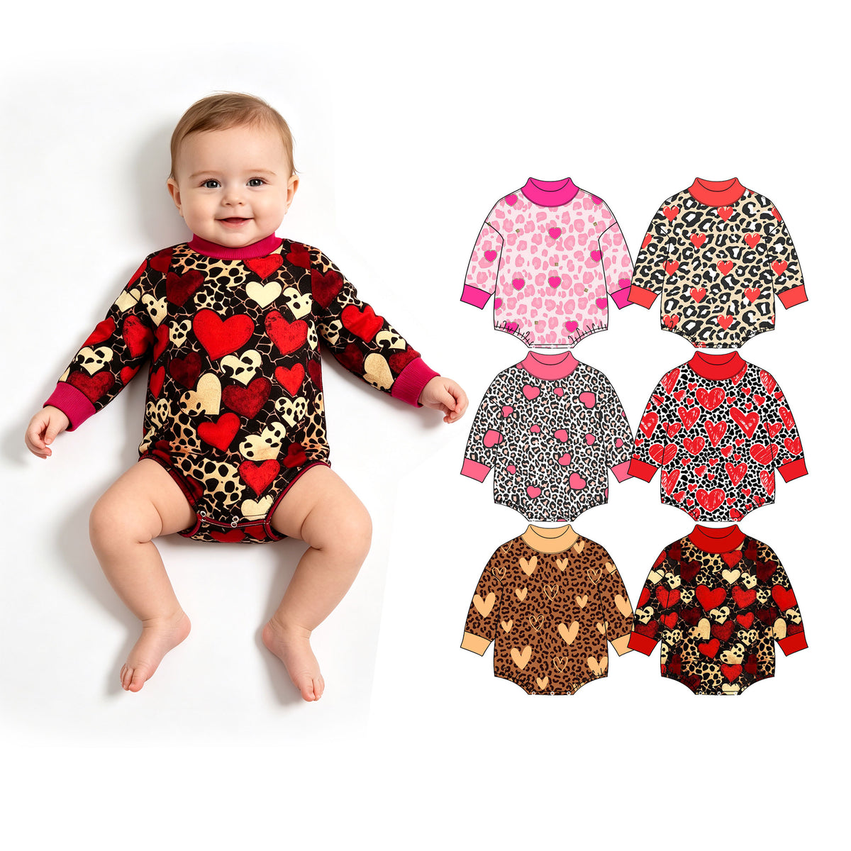 Preorder (moq 5) Baby Girl Clothes Valentine Pink Leopard Heart Allover Print Long Sleeve Turtleneck Bodysuit