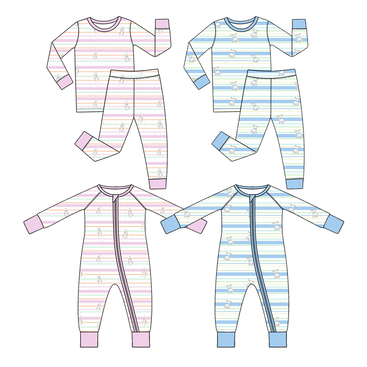 Preorder (moq 5) Baby Boy Clothes Easter Bunny Blue Stripe Print Zipper Romper