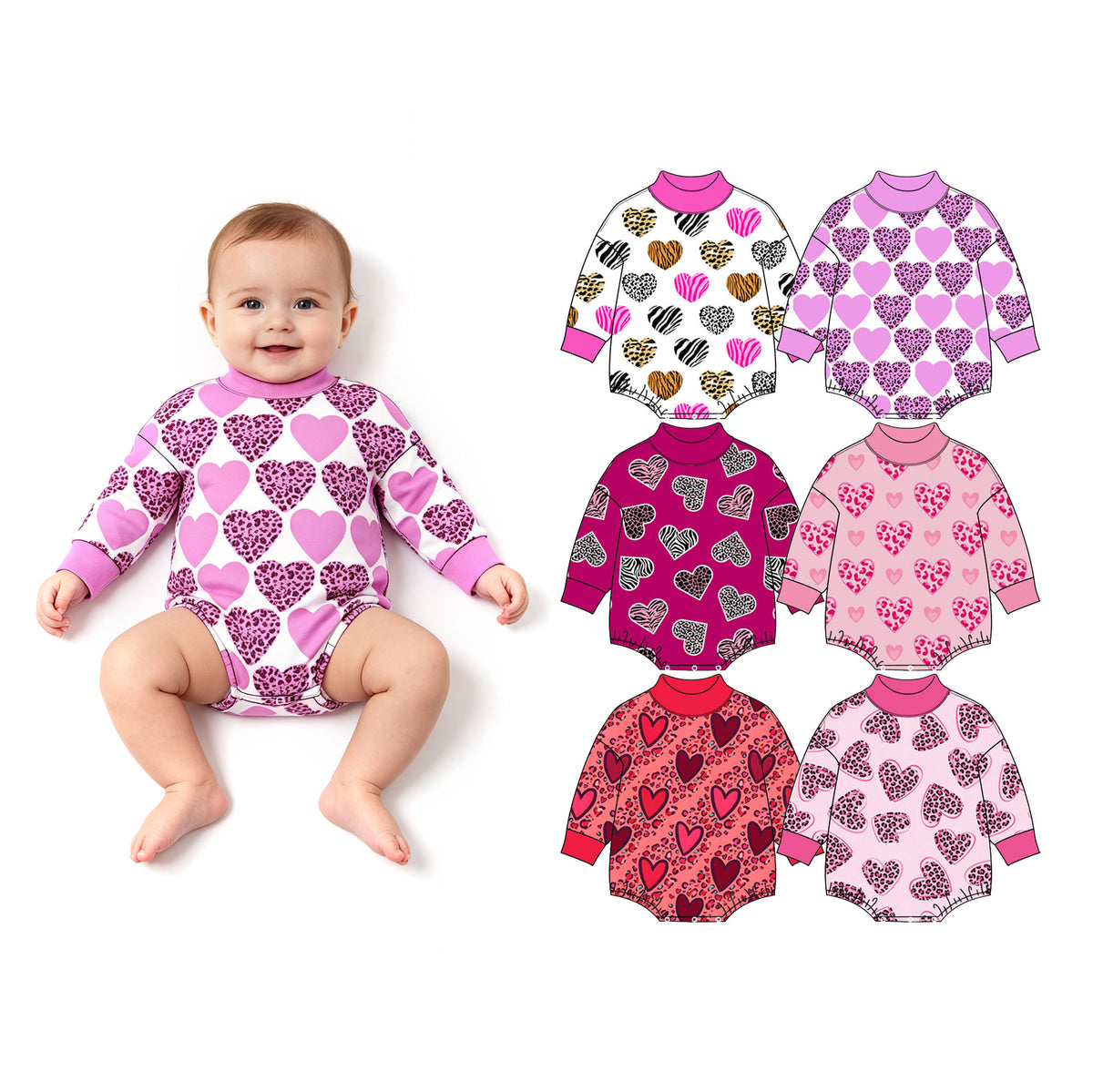 Preorder (moq 5) Baby Girl Clothes Valentine Light Purple Solid And Leopard Heart Checkered Print Long Sleeve Turtleneck Bodysuit