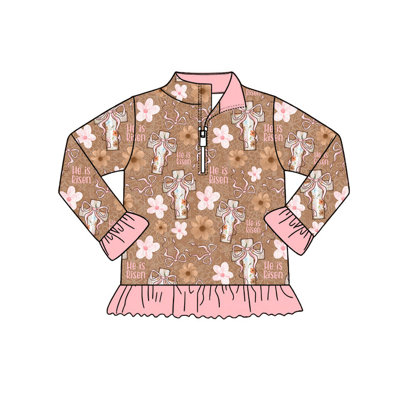 Preorder (moq 5) Baby Girl Clothes Floral Cross He Is Risen Allover Print Long Sleeve Quarter Zip Ruffle Hem Top