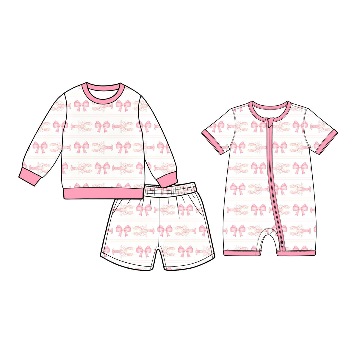 Preorder (moq 5) Baby Girl Clothes Pink Bow Lobster Stripe Print Long Sleeve Top Shorts Set