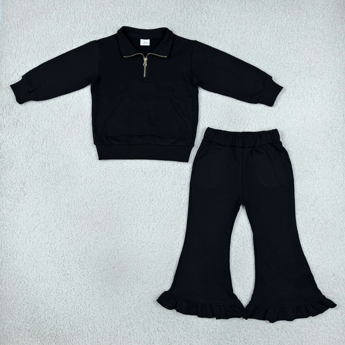 NO MOQ RTS GLP3489-bundle Baby Girl Clothes Solid Black Plain Long Sleeve Half Zip Top Ruffle Flare Pant Set 202610