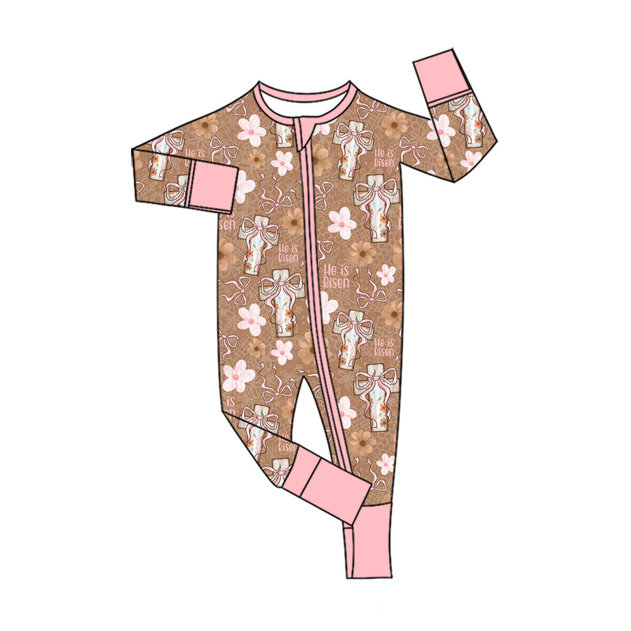 Preorder (moq 5) Baby Girl Clothes Floral Cross He Is Risen Allover Print Long Sleeve Zip Romper Jumpsuit