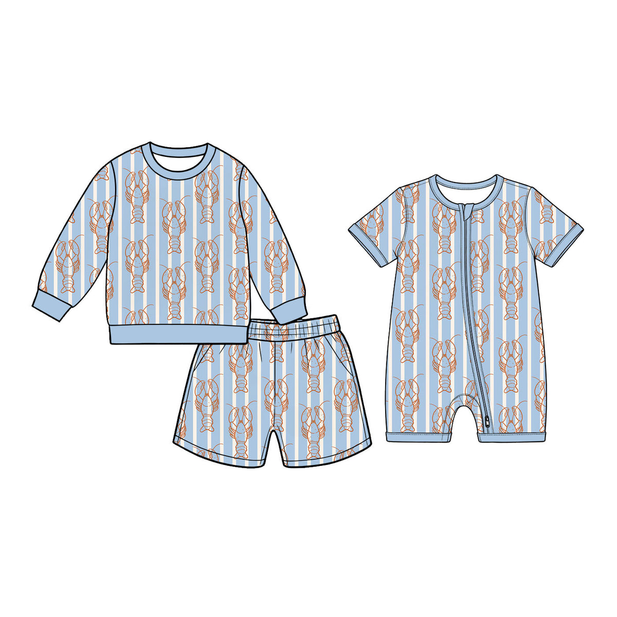 Preorder (moq 5) Baby Boy Clothes Blue Stripe Lobster Print Short Sleeve Zipper Romper