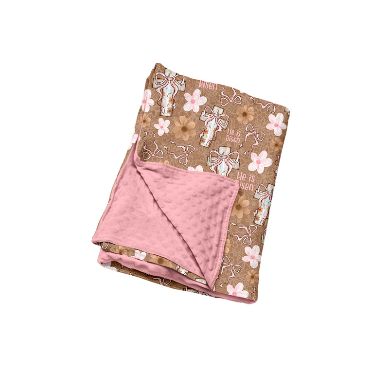 Preorder (moq 5) Baby Girl Blanket He Is Risen Cross Floral Allover Print Minky Dot Double Layer Baby Swaddle Blanket