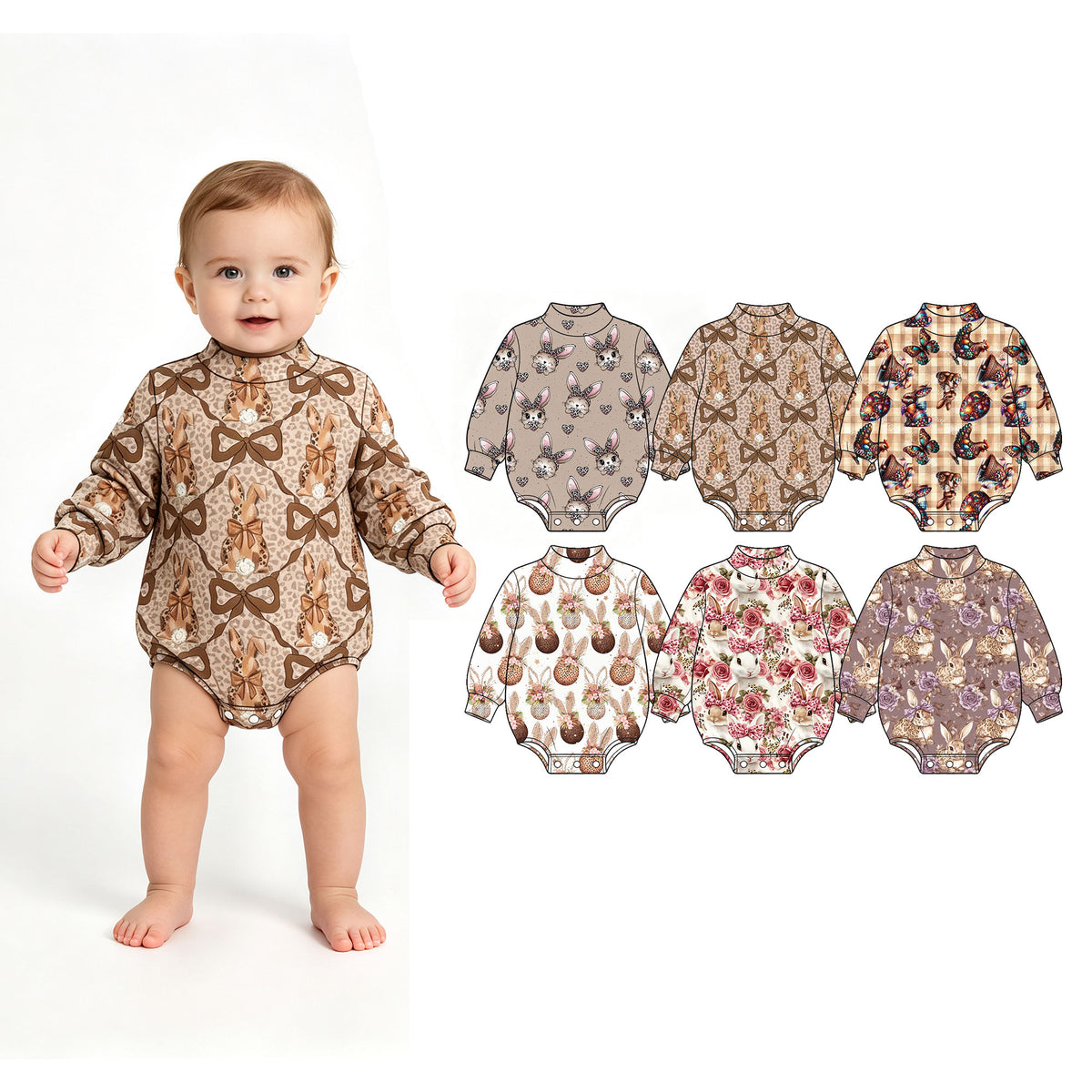 Preorder (moq 5) Baby Girl Clothes Easter Leopard Floral Bunny Egg Print Long Sleeve Baby Romper
