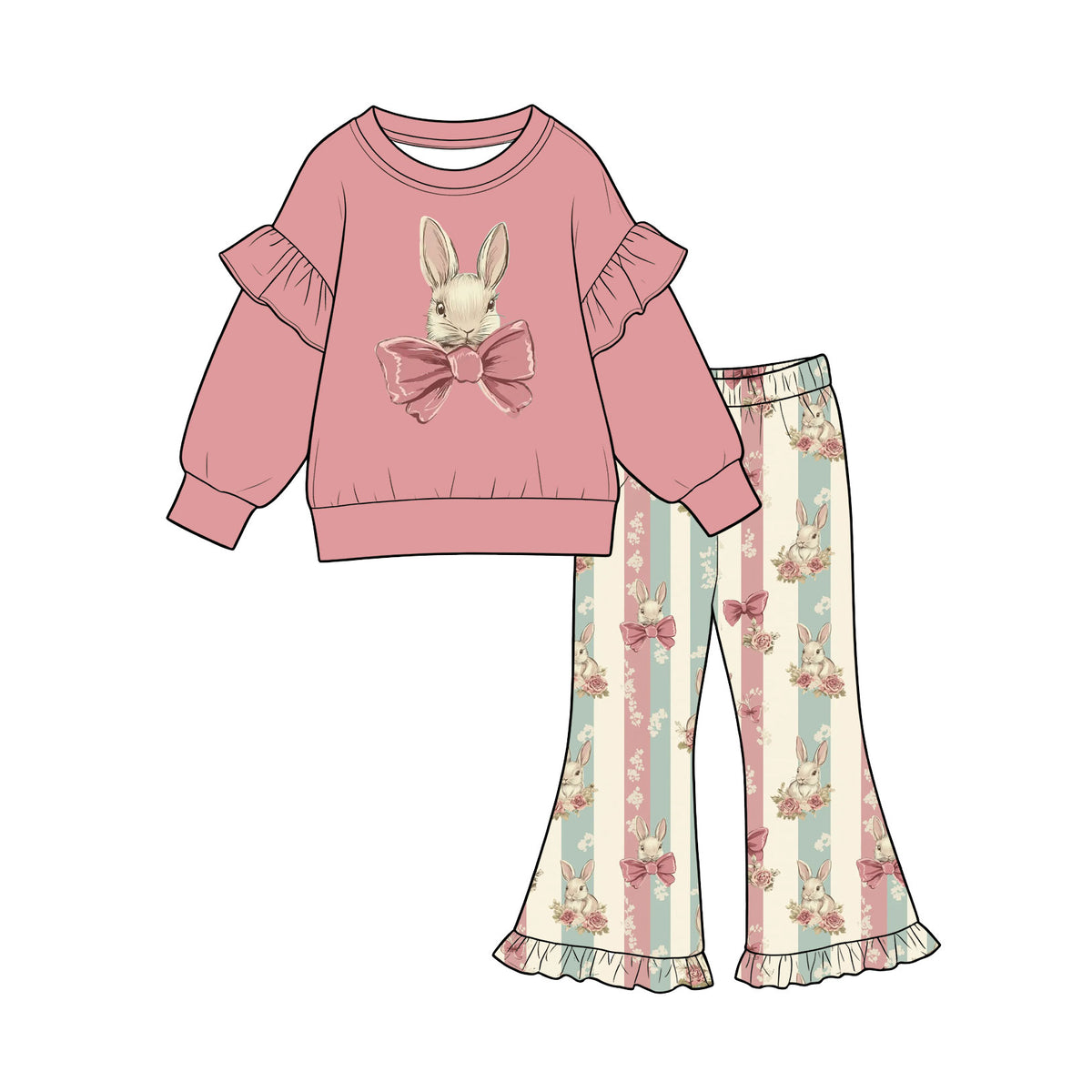 Preorder (moq 5) Baby Girl Clothes Vintage Bunny Bow Striped Floral Print Long Sleeve Ruffle Flare Pant Outfit Set