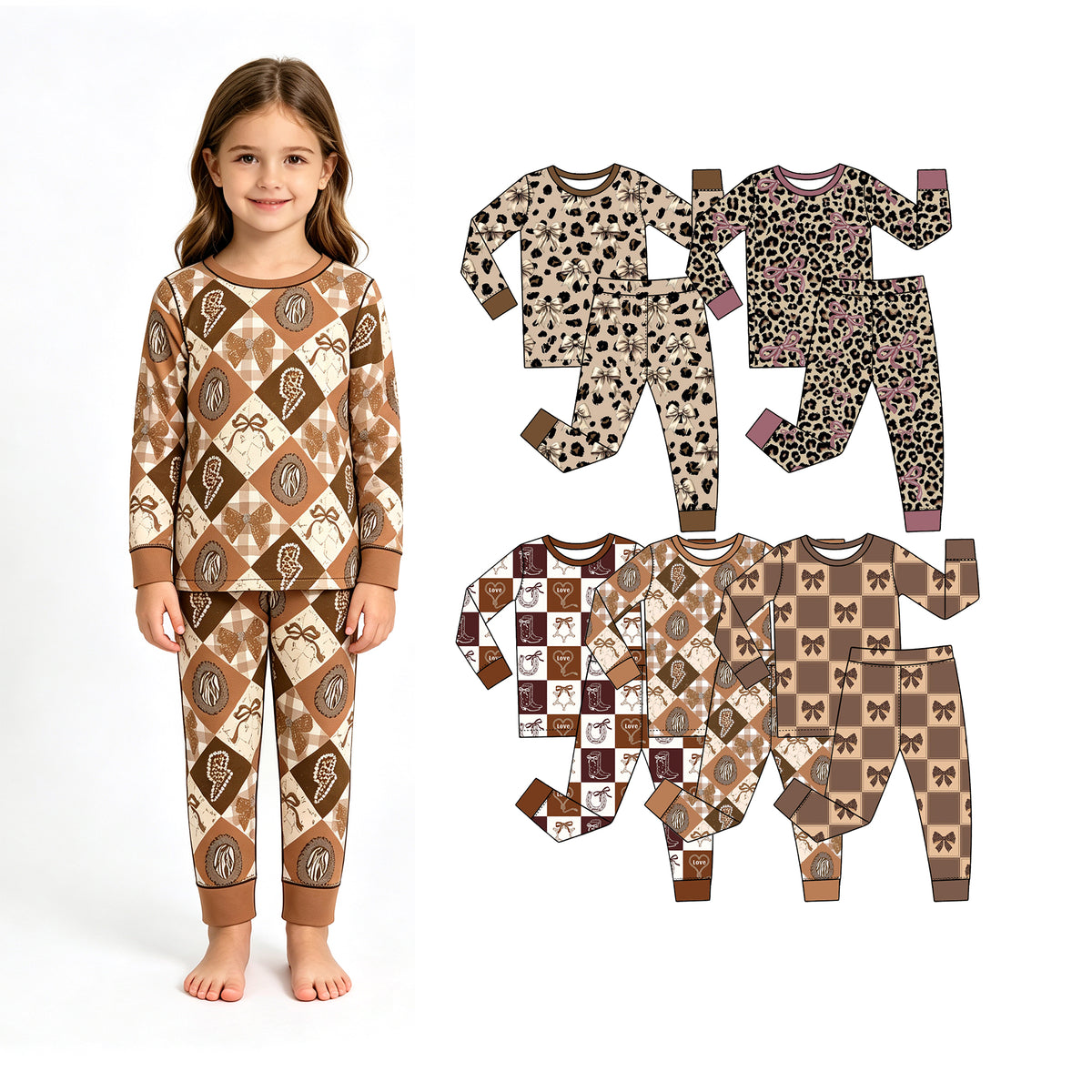Preorder (moq 5) Baby Girl Clothes Western Cowboy Boot Horseshoe Love Check Print Long Sleeve Pajama Set