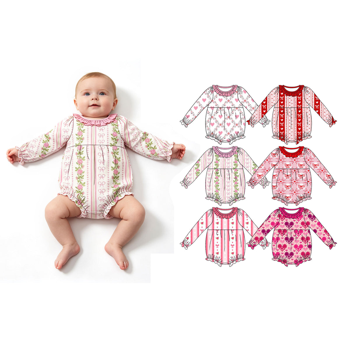 Preorder (moq 5) Baby Girl Clothes Rose Bow Stripe Print Long Sleeve Ruffle Neck Bubble Romper