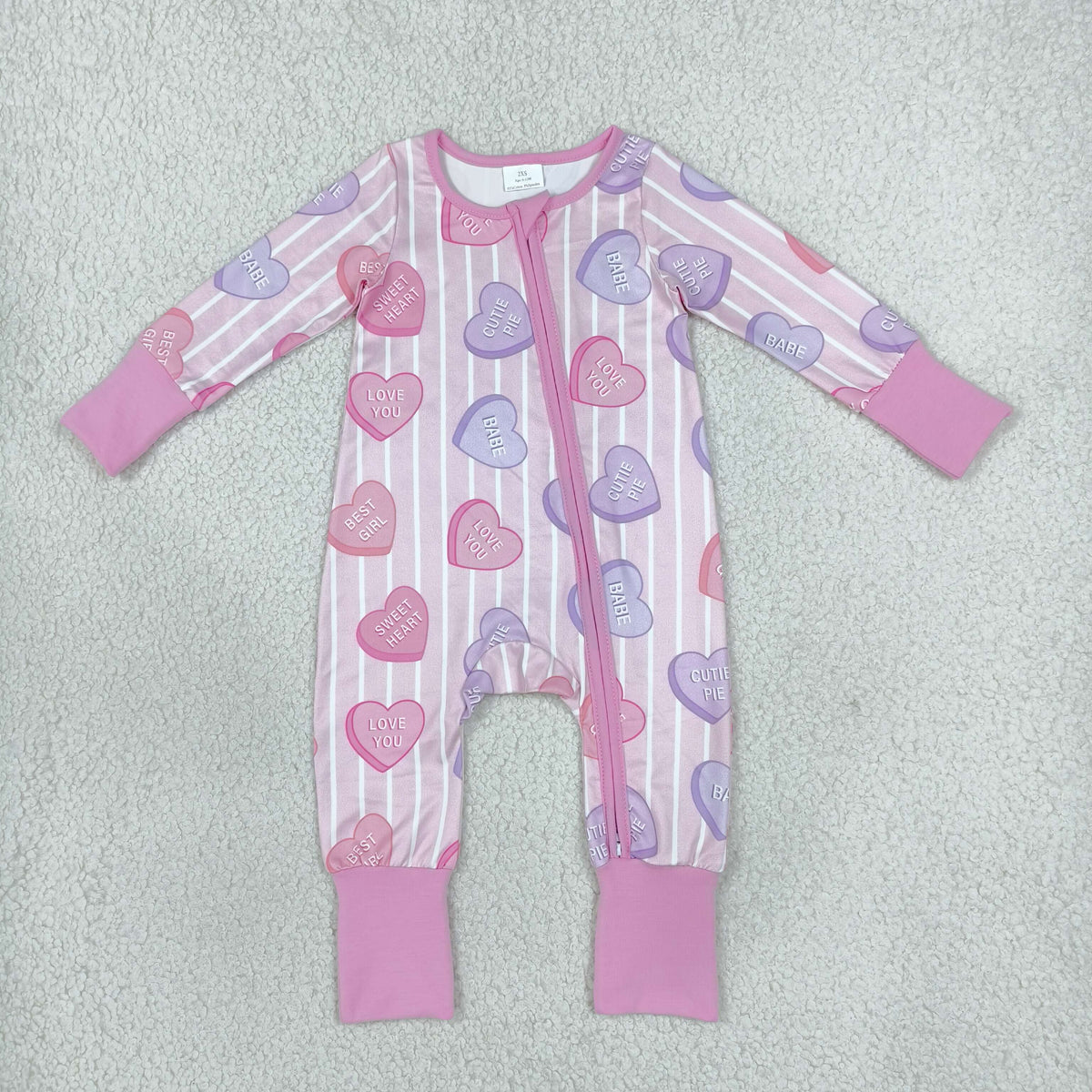 NO MOQ RTS LR3325 Baby Girl Clothes Pink Heart Stripe Mixed Print Long Sleeve Zipper Baby Romper 202610